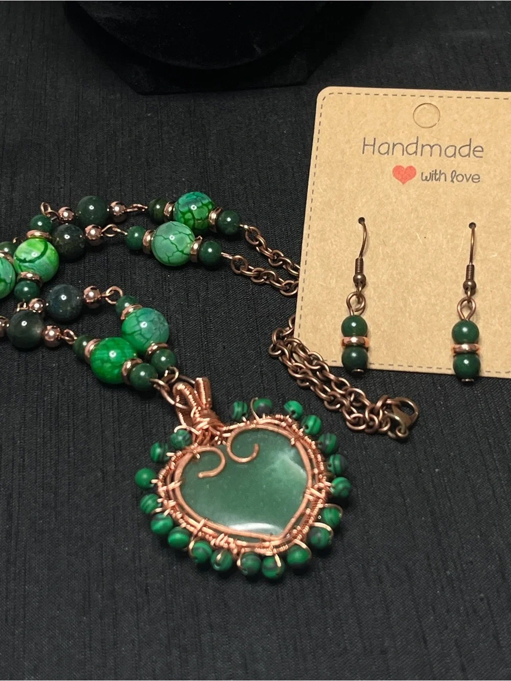 Green Dyed Agate Copper Wire Wrapped Heart Pendant Necklace with Earrings 18”